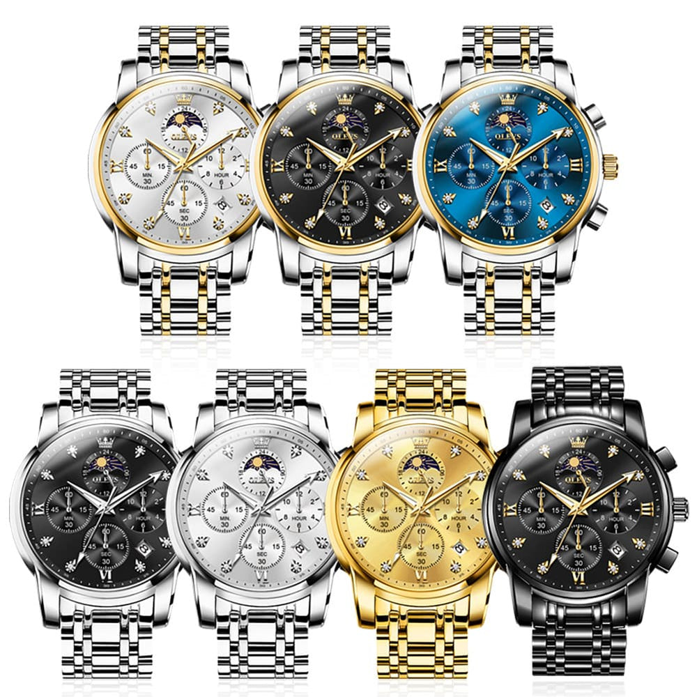 OLEVS 3655 Chronograph Moon Phase Roman Diamond Dial Stainless Steel Watch For Men - All Black Watch | Olevs Watch Store