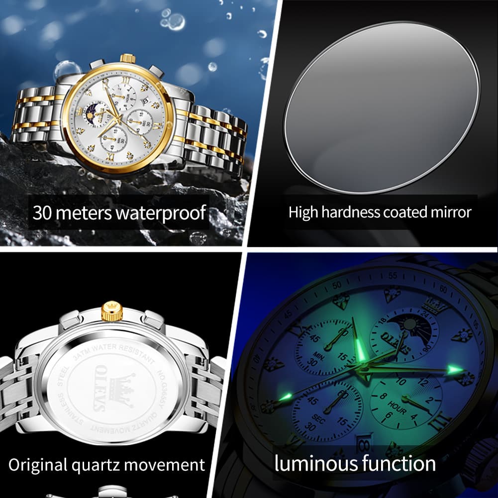 OLEVS 3655 Chronograph Moon Phase Roman Diamond Dial Stainless Steel Watch For Men - All Black Watch | Olevs Watch Store