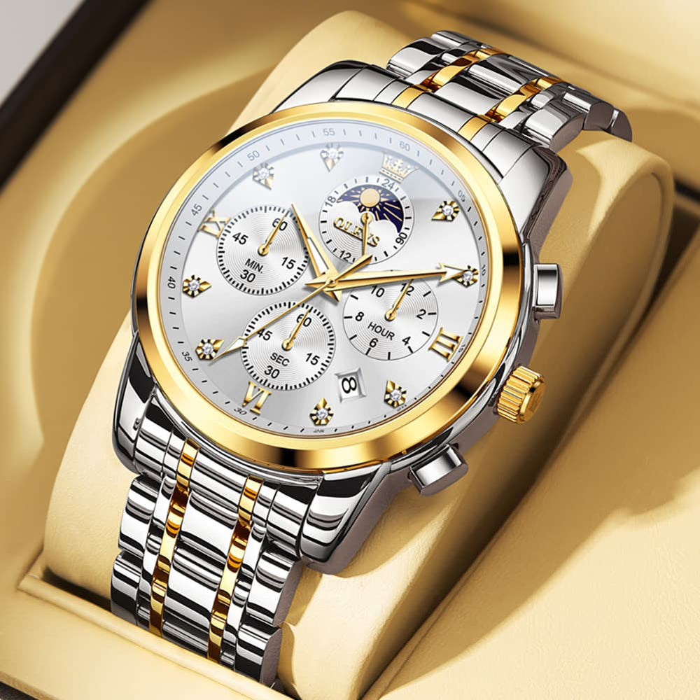 OLEVS 3655 Chronograph Moon Phase Roman Diamond Dial Stainless Steel Watch For Men - All Black Watch | Olevs Watch Store