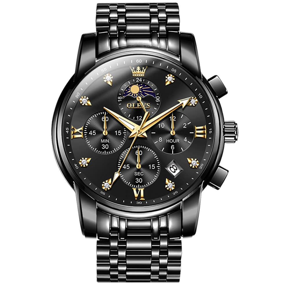 OLEVS 3655 Chronograph Moon Phase Roman Diamond Dial Stainless Steel Watch For Men - All Black Watch | Olevs Watch Store