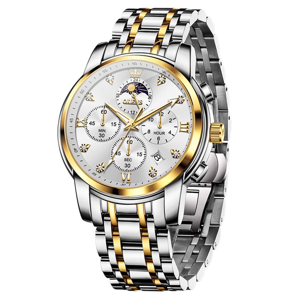 OLEVS 3655 Chronograph Moon Phase Roman Diamond Dial Stainless Steel Watch For Men - All Black Watch | Olevs Watch Store