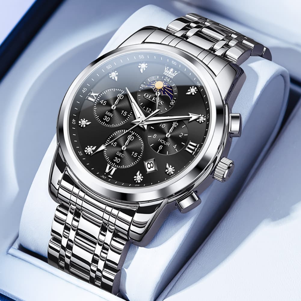 OLEVS 3655 Chronograph Moon Phase Roman Diamond Dial Stainless Steel Watch For Men - All Black Watch | Olevs Watch Store