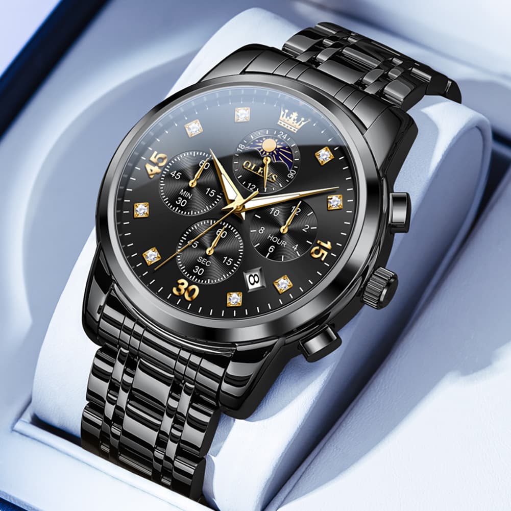 OLEVS 3655 Chronograph Moon Phase Roman Diamond Dial Stainless Steel Watch For Men - All Black Watch | Olevs Watch Store