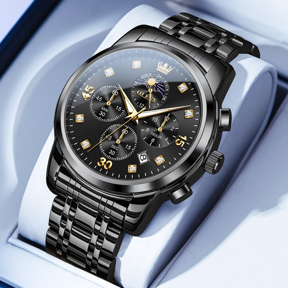 OLEVS 3655 Chronograph Moon Phase Roman Diamond Dial Stainless Steel Watch For Men - All Black Watch | Olevs Watch Store