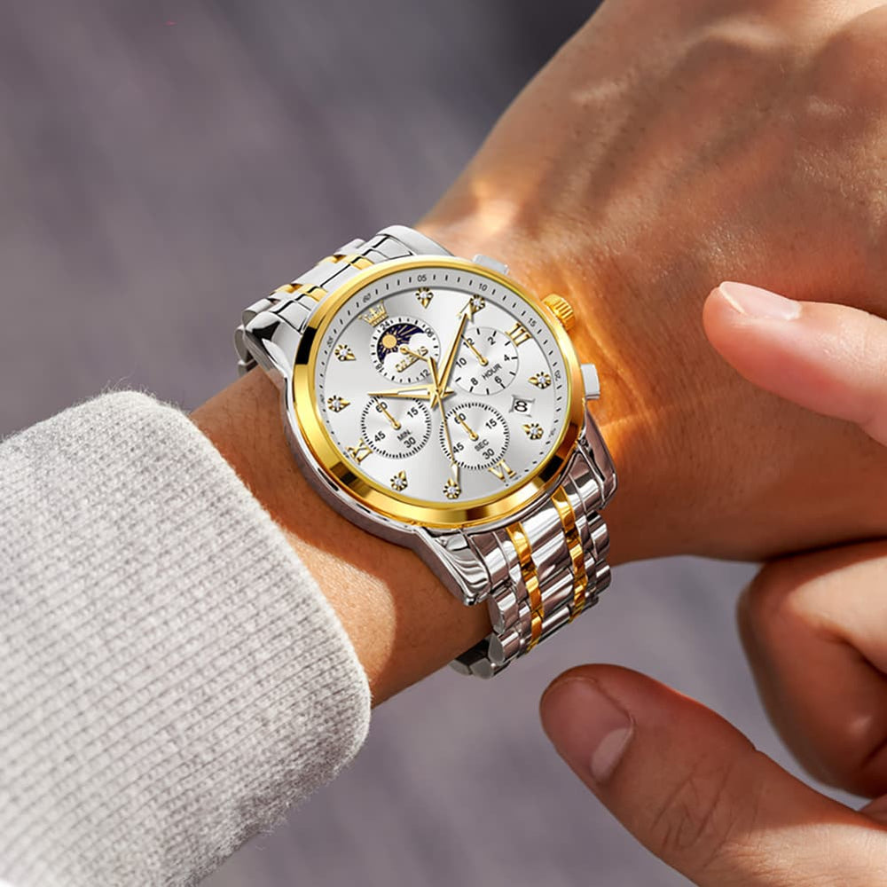 OLEVS 3655 Chronograph Moon Phase Roman Diamond Dial Stainless Steel Watch For Men - All Black Watch | Olevs Watch Store