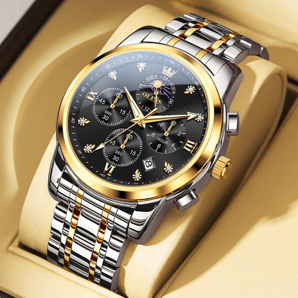 OLEVS 3655 Chronograph Moon Phase Roman Diamond Dial Stainless Steel Watch For Men - All Black Watch | Olevs Watch Store