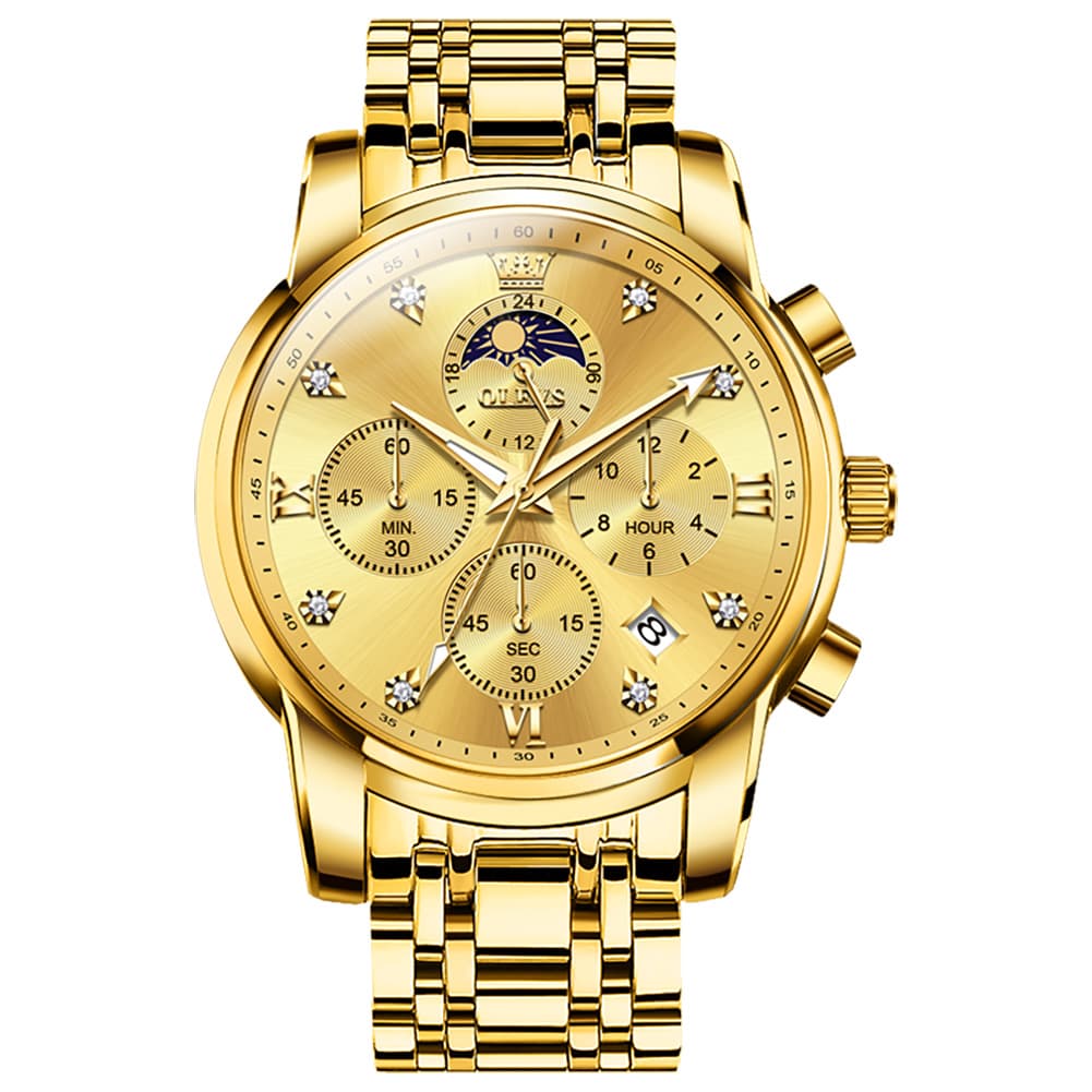 OLEVS 3655 Chronograph Moon Phase Roman Diamond Dial Stainless Steel Watch For Men - All Gold Watch | Olevs Watch Store