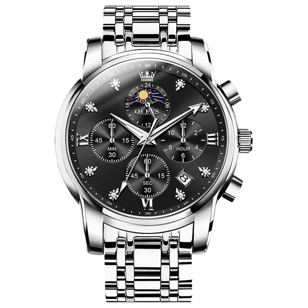 OLEVS 3655 Chronograph Moon Phase Roman Diamond Dial Stainless Steel Watch For Men - Silver Black Watch | Olevs Watch Store