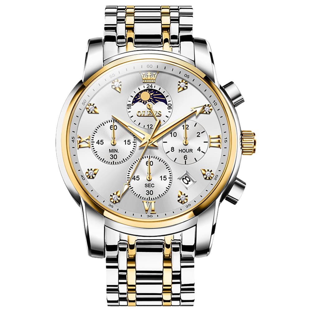 OLEVS 3655 Chronograph Moon Phase Roman Diamond Dial Stainless Steel Watch For Men - Two Tone White Watch | Olevs Watch Store