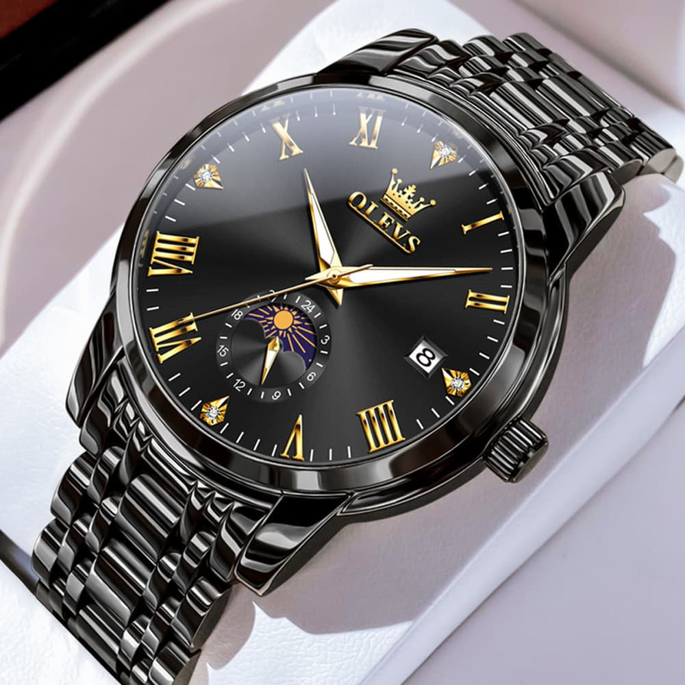 OLEVS 3656 Minimalist Moon Phase Roman Dial Stainless Steel Watch For Men - All Black Watch | Olevs Watch Store