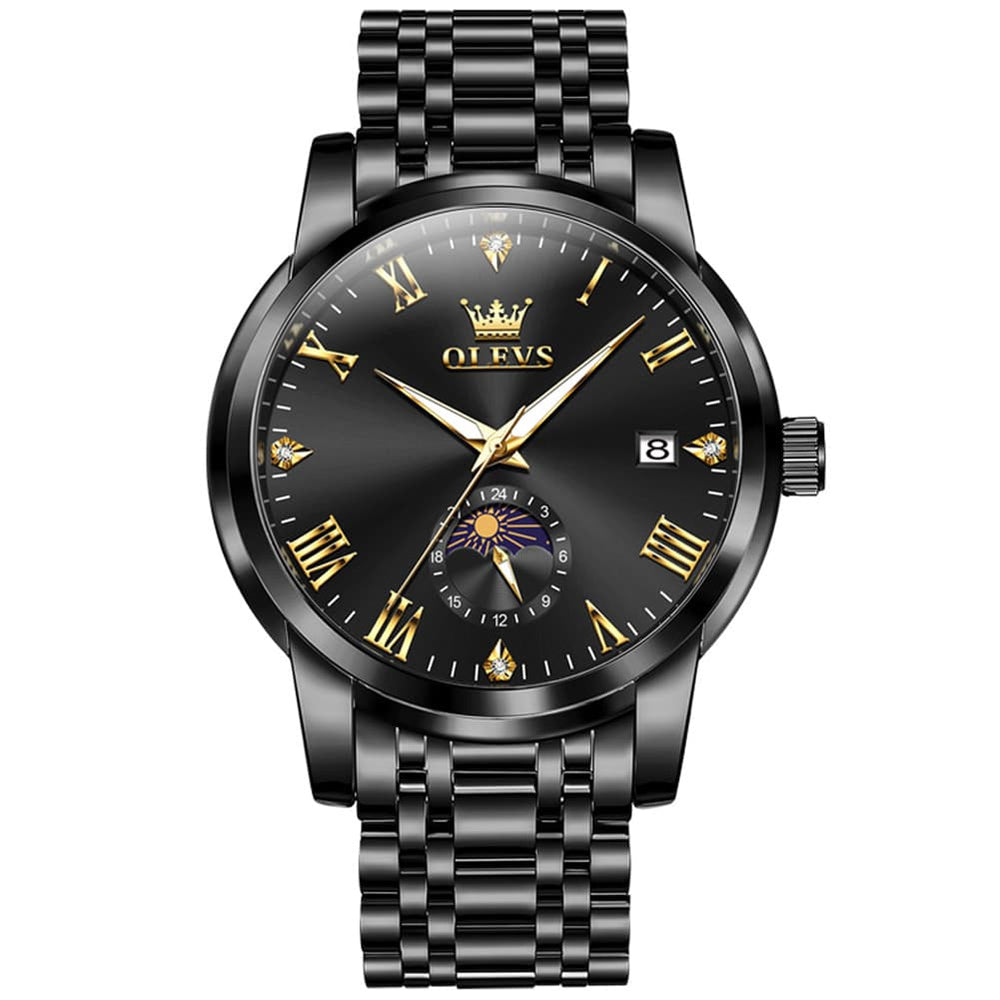 OLEVS 3656 Minimalist Moon Phase Roman Dial Stainless Steel Watch For Men - All Black Watch | Olevs Watch Store