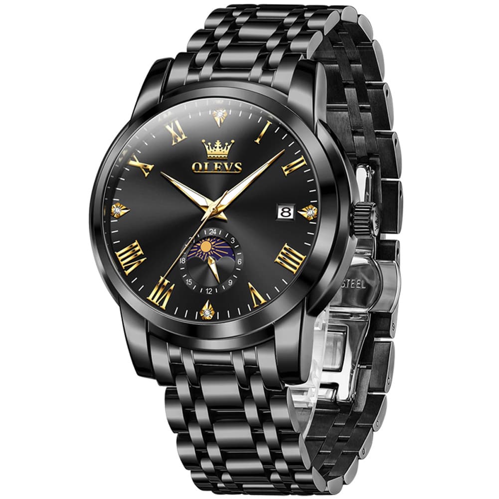 OLEVS 3656 Minimalist Moon Phase Roman Dial Stainless Steel Watch For Men - All Black Watch | Olevs Watch Store