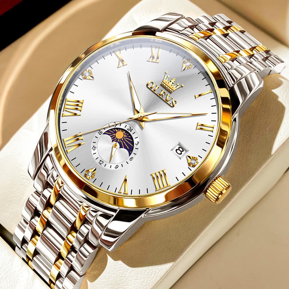 OLEVS 3656 Minimalist Moon Phase Roman Dial Stainless Steel Watch For Men - Two Tone White Watch | Olevs Watch Store