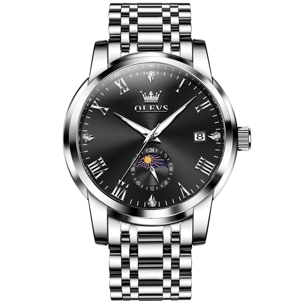 OLEVS 3656 Minimalist Moon Phase Roman Dial Stainless Steel Watch For Men - All Black Watch | Olevs Watch Store