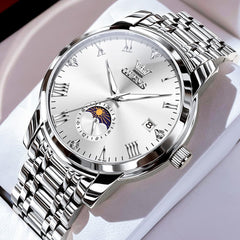 OLEVS 3656 Minimalist Moon Phase Roman Dial Stainless Steel Watch For Men - Silver White Watch | Olevs Watch Store