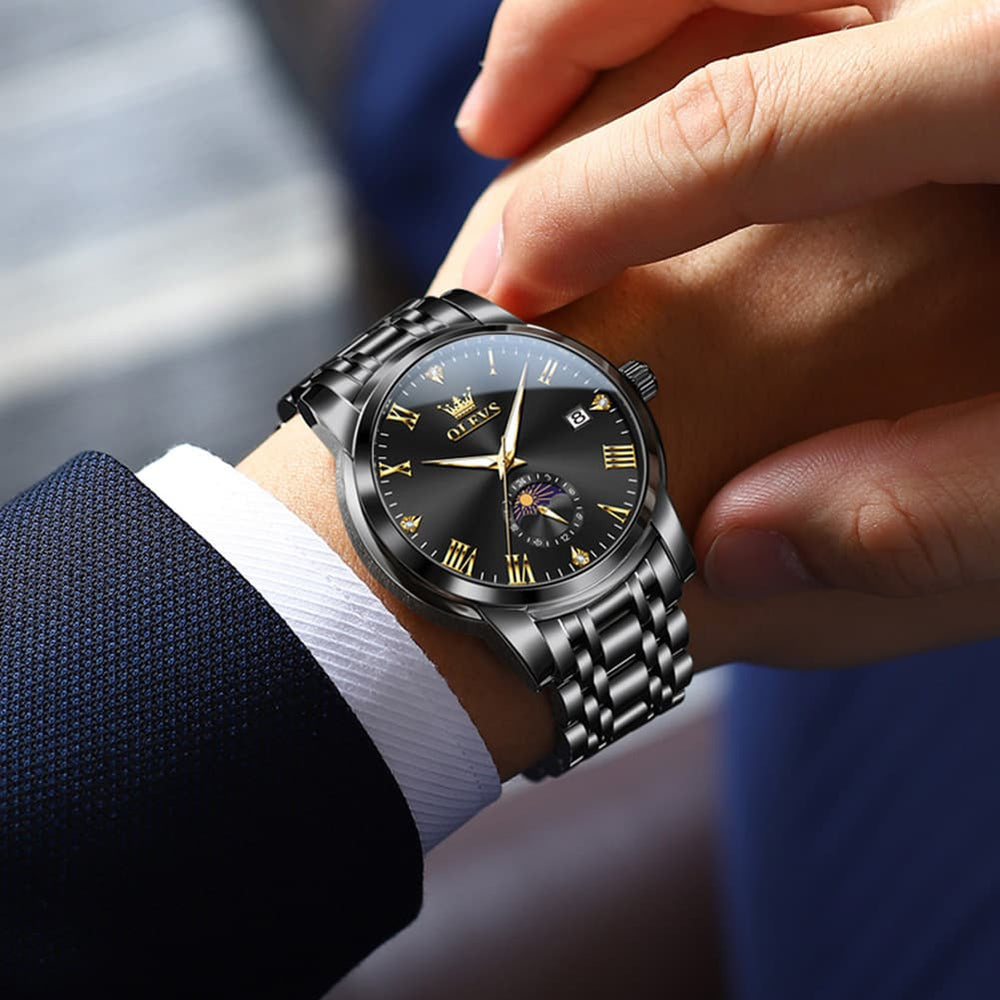 OLEVS 3656 Minimalist Moon Phase Roman Dial Stainless Steel Watch For Men - All Black Watch | Olevs Watch Store