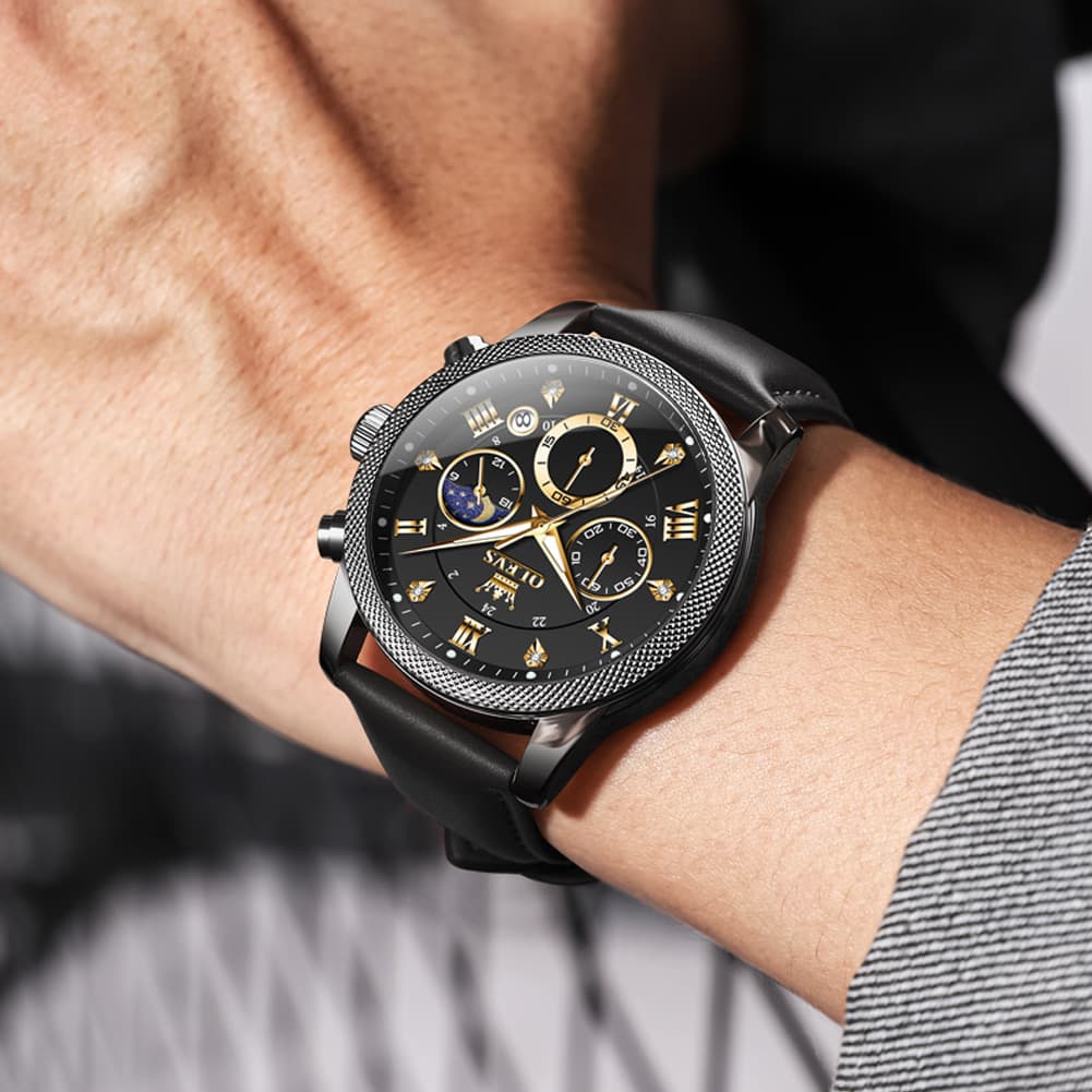 OLEVS 3660 Chronograph Moon Phase Diamond Dial Tactical Sports Watch For Men - Steel All Black Watch | Olevs Watch Store