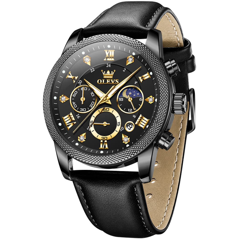 OLEVS 3660 Chronograph Moon Phase Diamond Dial Tactical Sports Watch For Men - Steel All Black Watch | Olevs Watch Store