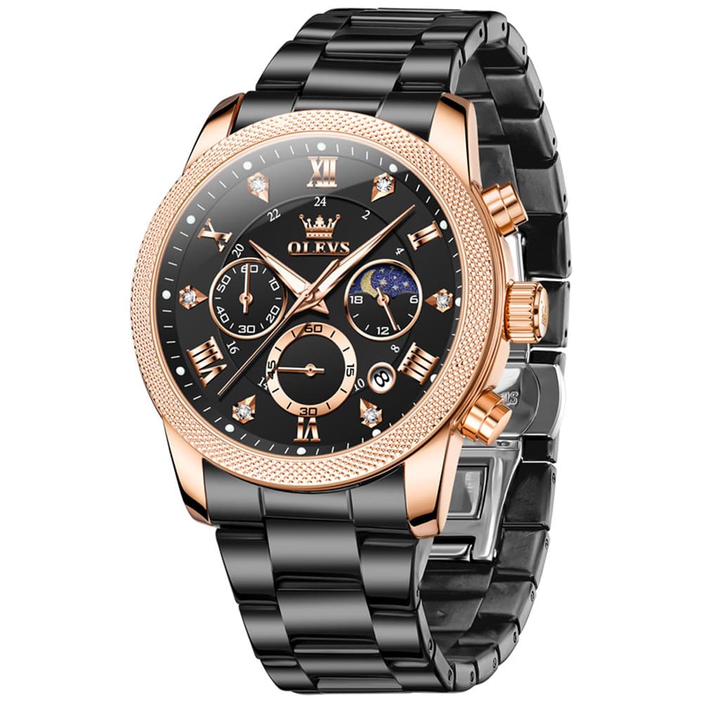 OLEVS 3660 Chronograph Moon Phase Diamond Dial Tactical Sports Watch For Men - Steel All Black Watch | Olevs Watch Store