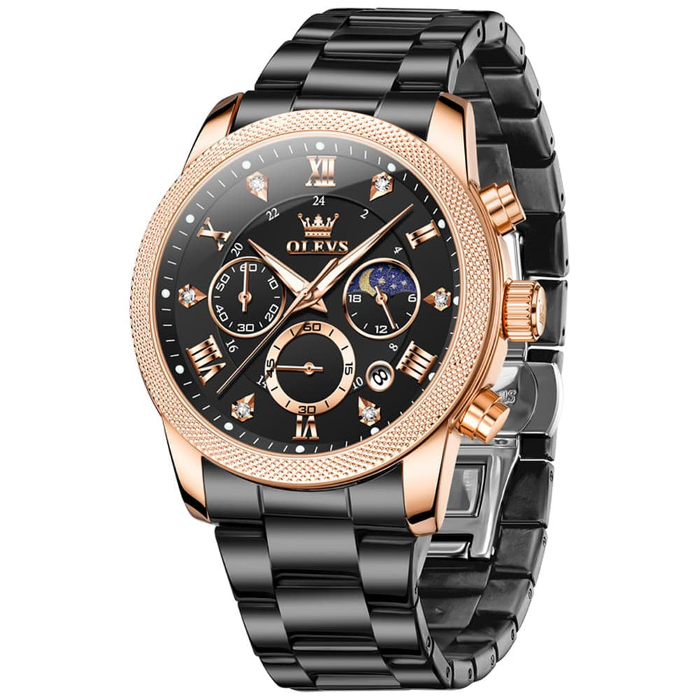 OLEVS 3660 Chronograph Moon Phase Diamond Dial Tactical Sports Watch For Men - Steel All Black Watch | Olevs Watch Store