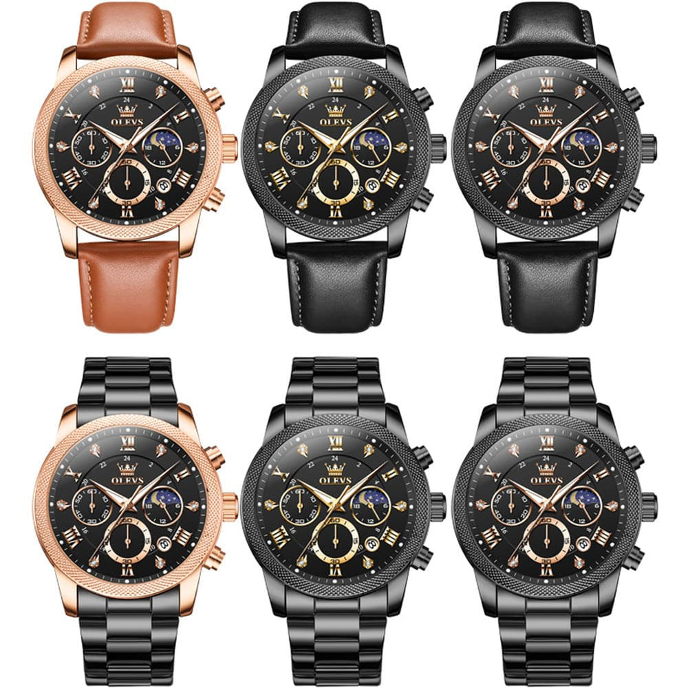OLEVS 3660 Chronograph Moon Phase Diamond Dial Tactical Sports Watch For Men - Steel All Black Watch | Olevs Watch Store