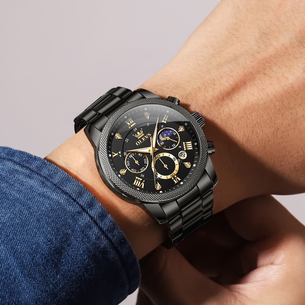 OLEVS 3660 Chronograph Moon Phase Diamond Dial Tactical Sports Watch For Men - Steel All Black Watch | Olevs Watch Store
