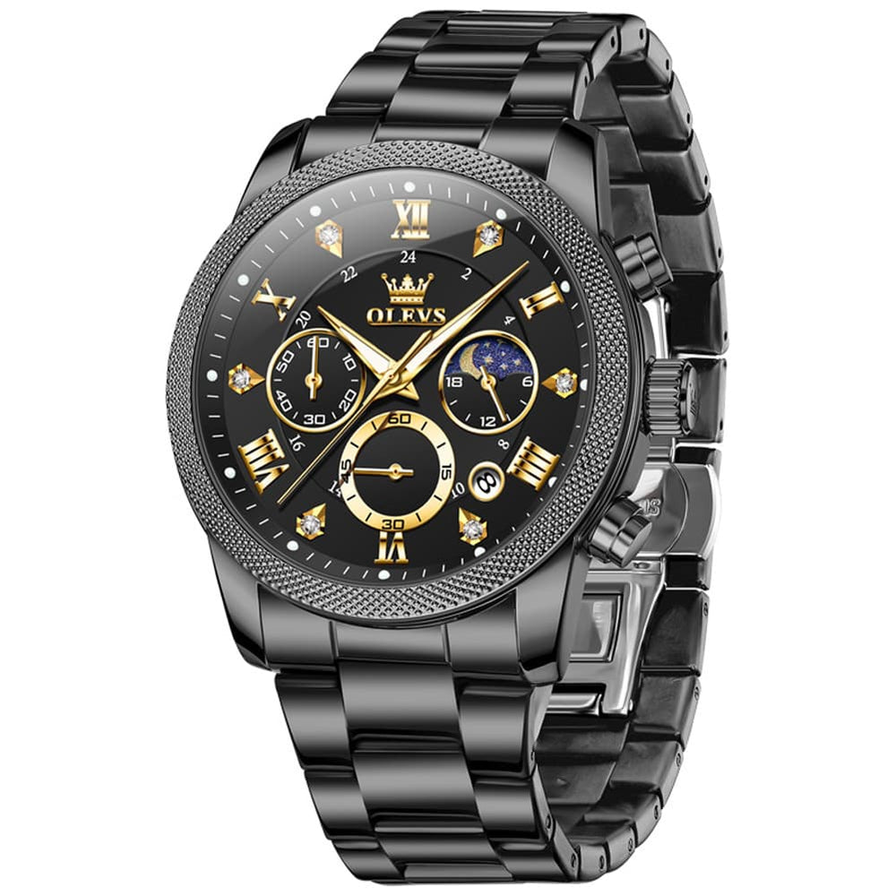 OLEVS 3660 Chronograph Moon Phase Diamond Dial Tactical Sports Watch For Men - Steel All Black Watch | Olevs Watch Store