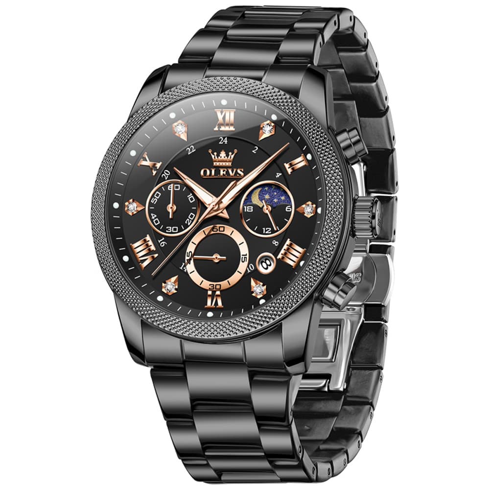 OLEVS 3660 Chronograph Moon Phase Diamond Dial Tactical Sports Watch For Men - Steel All Black Watch | Olevs Watch Store