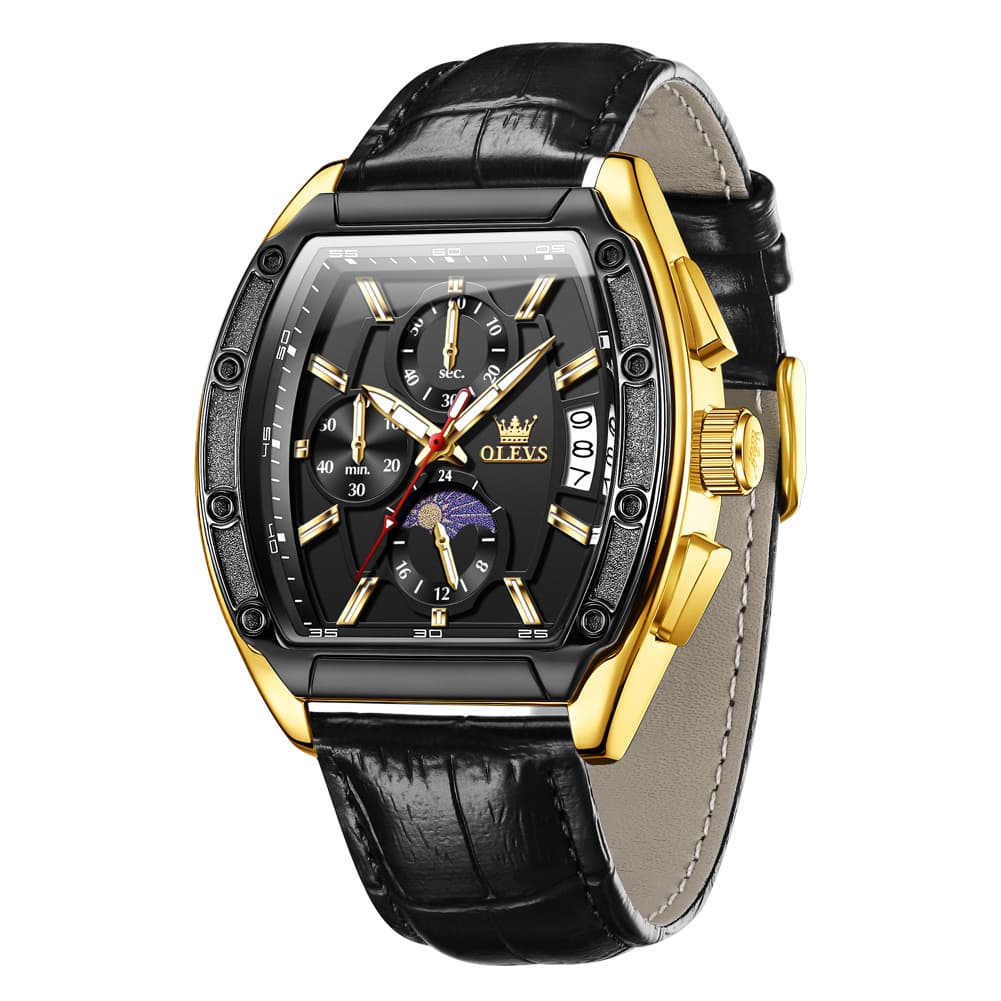OLEVS 3661 Tonneau Barrel Chronograph Moon Phase Tactical Watch For Men - Leather Black Gold Watch | Olevs Watch Store