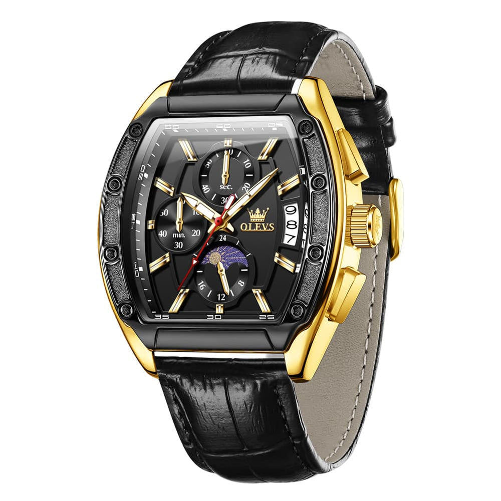 OLEVS 3661 Tonneau Barrel Chronograph Moon Phase Tactical Watch For Men - Leather Black Gold Watch | Olevs Watch Store