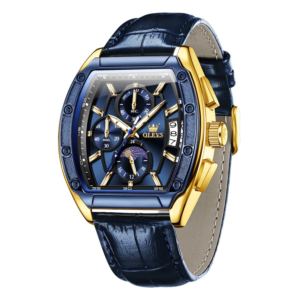 OLEVS 3661 Tonneau Barrel Chronograph Moon Phase Tactical Watch For Men - Leather Gold Blue Watch | Olevs Watch Store