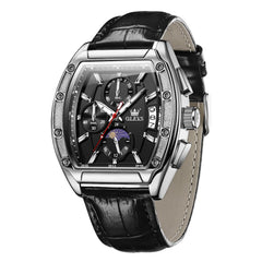 OLEVS 3661 Tonneau Barrel Chronograph Moon Phase Tactical Watch For Men - Leather Silver Black Watch | Olevs Watch Store