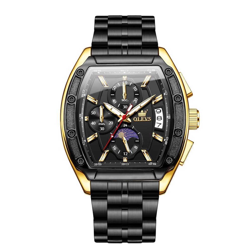 OLEVS 3661 Tonneau Barrel Chronograph Moon Phase Tactical Watch For Men - Steel All Black Watch | Olevs Watch Store