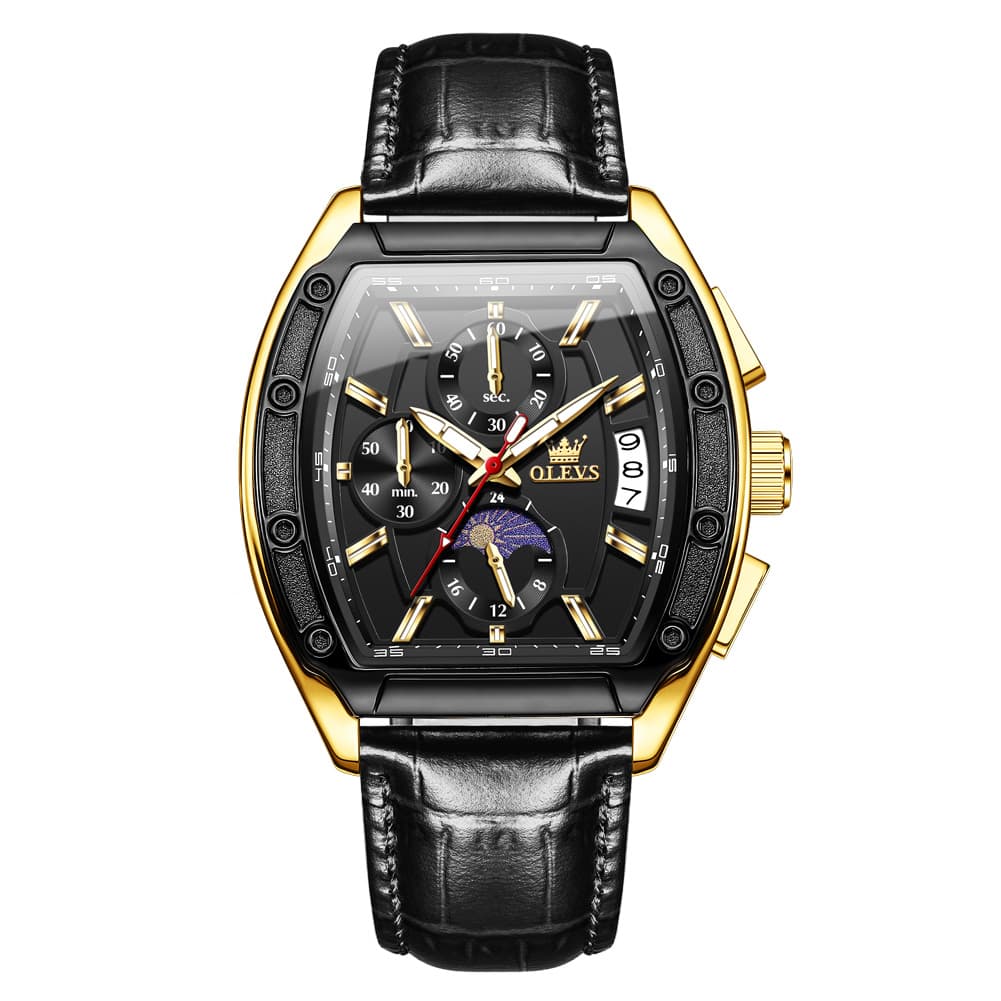 OLEVS 3661 Tonneau Barrel Chronograph Moon Phase Tactical Watch For Men - Steel All Black Watch | Olevs Watch Store