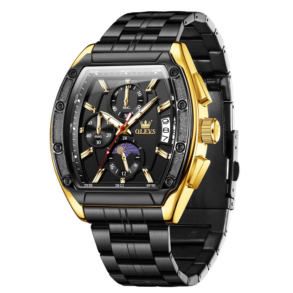 OLEVS 3661 Tonneau Barrel Chronograph Moon Phase Tactical Watch For Men - Steel All Black Watch | Olevs Watch Store
