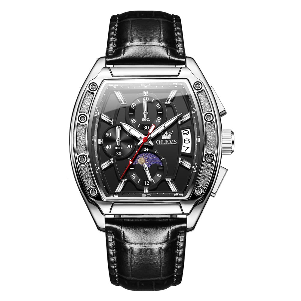 OLEVS 3661 Tonneau Barrel Chronograph Moon Phase Tactical Watch For Men - Steel All Black Watch | Olevs Watch Store