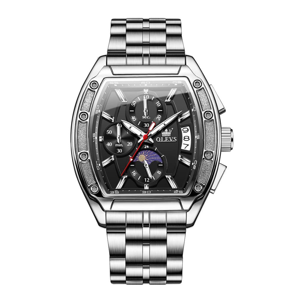 OLEVS 3661 Tonneau Barrel Chronograph Moon Phase Tactical Watch For Men - Steel All Black Watch | Olevs Watch Store