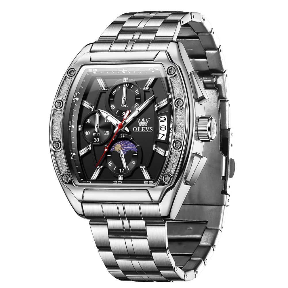 OLEVS 3661 Tonneau Barrel Chronograph Moon Phase Tactical Watch For Men - Steel Silver Black Watch | Olevs Watch Store