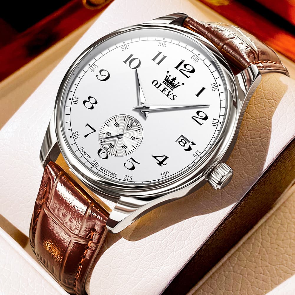 OLEVS 3662 Vintage Sub-Dial Leather Quartz Watch for Men - Brown Gold Watch | Olevs Watch Store