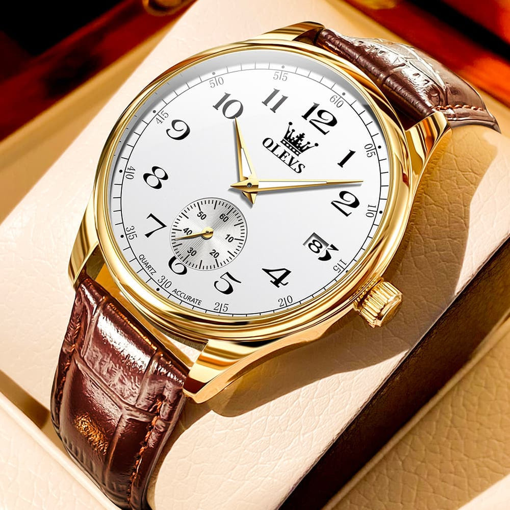 OLEVS 3662 Vintage Sub-Dial Leather Quartz Watch for Men - Brown Gold Watch | Olevs Watch Store
