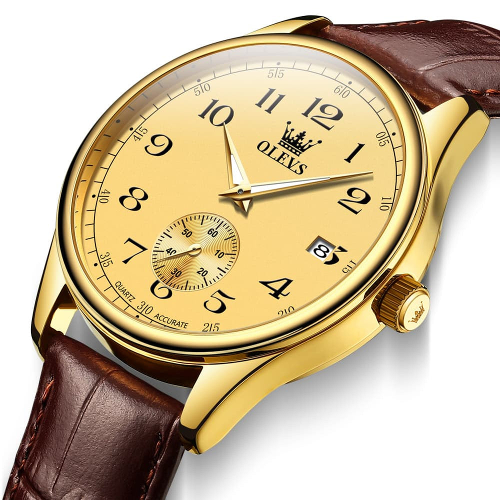 OLEVS 3662 Vintage Sub-Dial Leather Quartz Watch for Men - Brown Gold Watch | Olevs Watch Store