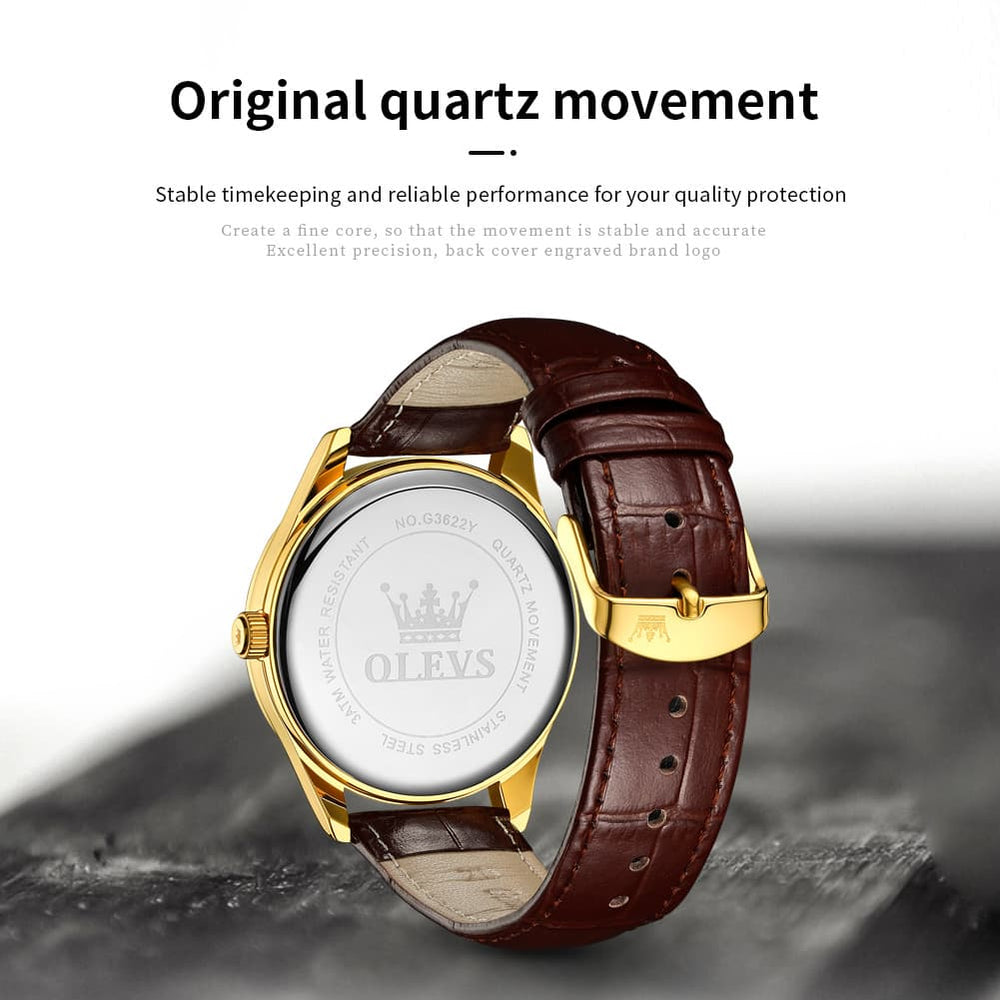 OLEVS 3662 Vintage Sub-Dial Leather Quartz Watch for Men - Brown Gold Watch | Olevs Watch Store