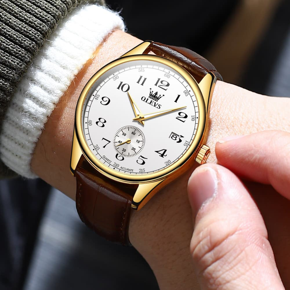OLEVS 3662 Vintage Sub-Dial Leather Quartz Watch for Men - Brown Gold Watch | Olevs Watch Store