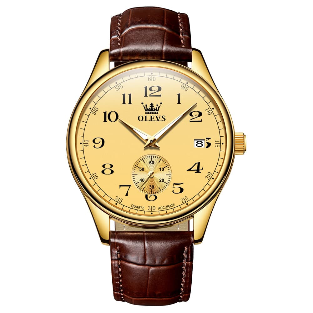 OLEVS 3662 Vintage Sub-Dial Leather Quartz Watch for Men - Brown Gold Watch | Olevs Watch Store