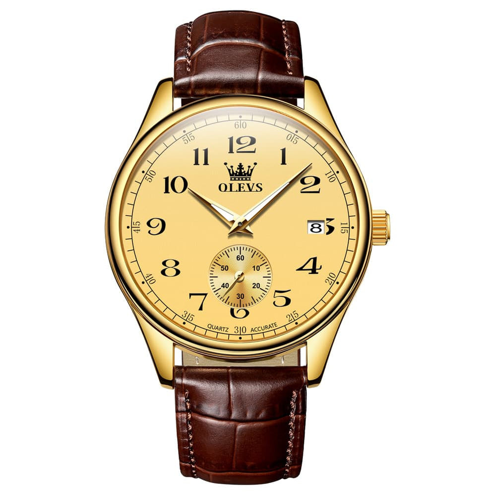 OLEVS 3662 Vintage Sub-Dial Leather Quartz Watch for Men - Brown Gold Watch | Olevs Watch Store