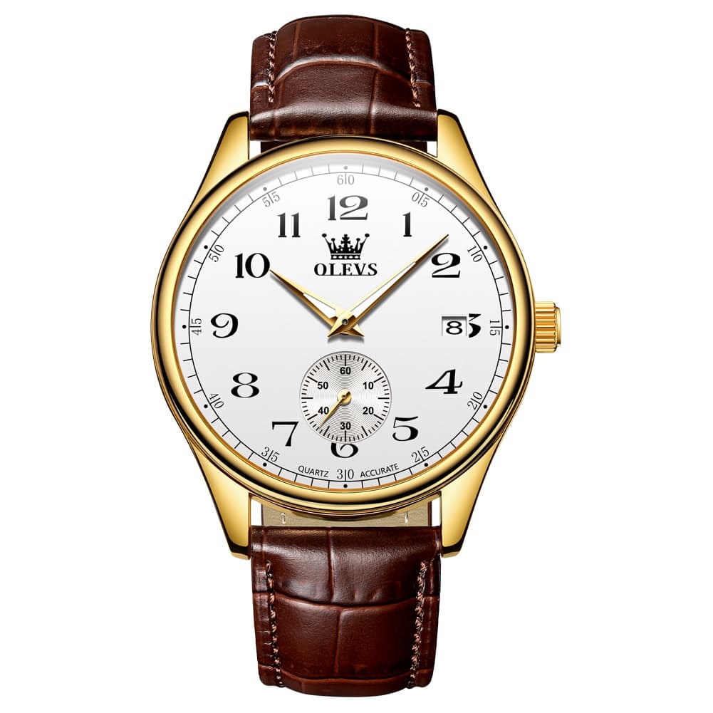 OLEVS 3662 Vintage Sub-Dial Leather Quartz Watch for Men - Brown Gold White Watch | Olevs Watch Store