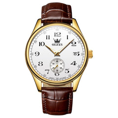 OLEVS 3662 Vintage Sub-Dial Leather Quartz Watch for Men - Brown Gold White Watch | Olevs Watch Store