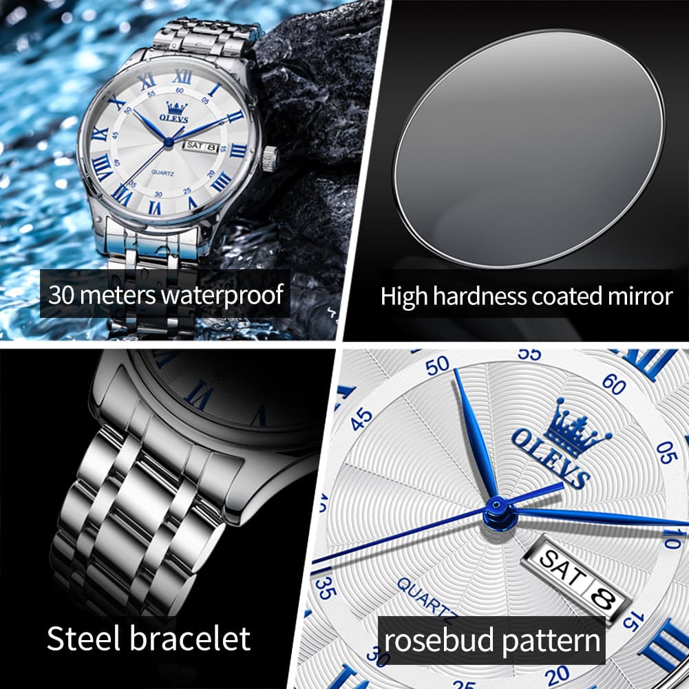 OLEVS 3663 Rosebud Roman Dial Day Date Quartz Watch For Men - Silver Blue Watch | Olevs Watch Store
