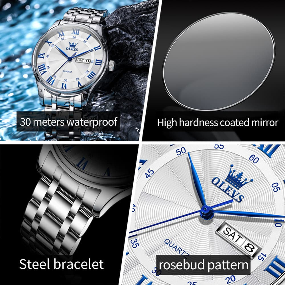 OLEVS 3663 Rosebud Roman Dial Day Date Quartz Watch For Men - Silver Blue Watch | Olevs Watch Store