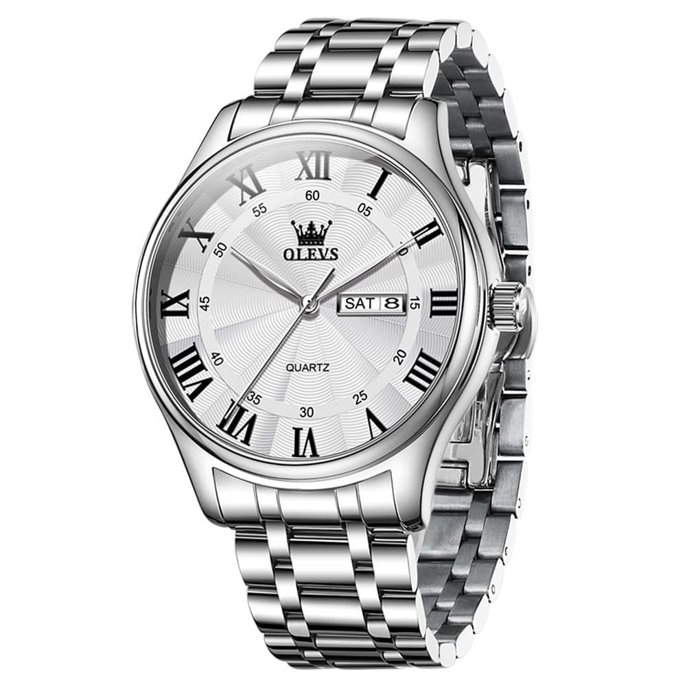 OLEVS 3663 Rosebud Roman Dial Day Date Quartz Watch For Men - Silver Blue Watch | Olevs Watch Store